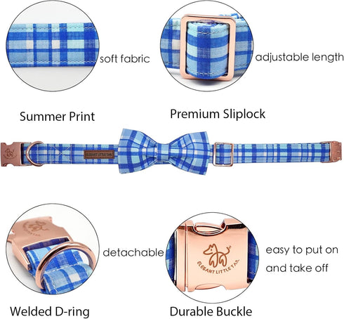 Elegant little tail Dog Collar, Blue Plaid Dog Collar Bow Boy Pet Collar with Metal Buckle Pet Dog Bows Soft Adjustable Dog Collar for Small Dogs...