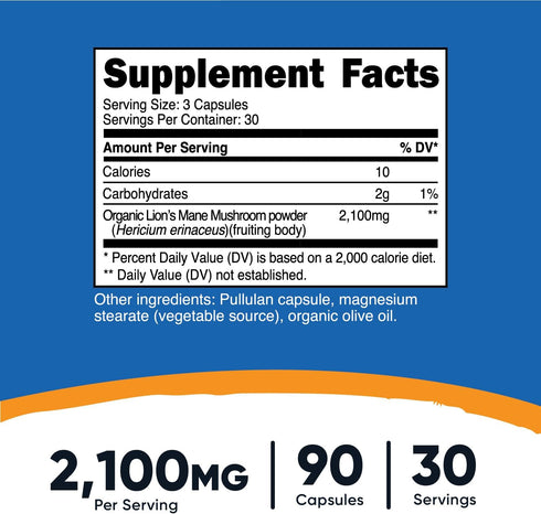 Nutricost Lion's Mane Mushroom Capsules 1650mg, 30 Servings - CCOF Certified Made with Organic, Vegetarian, Gluten Free, 550mg Per Capsule, 90 Cap...