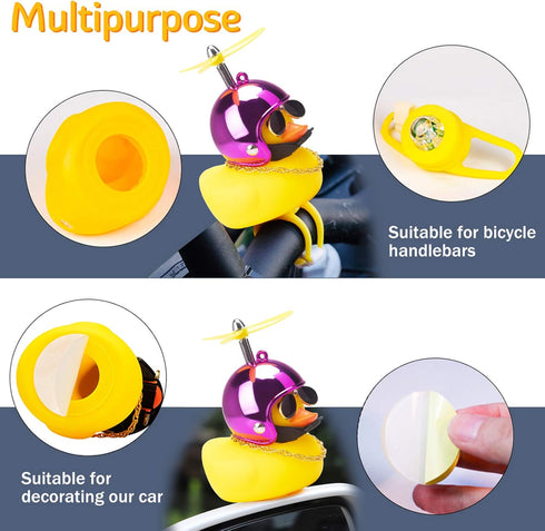 wonuu Rubber Duck Toy Car Ornaments Yellow Duck Car Dashboard Decorations Squeeze Duck Bicycle Horns with Propeller Helmet (Bright Rose-Light)...