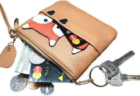 Fox Pattern Leather Coin Purse Keychain Change Pouch Wallet with Zippered(brown)...