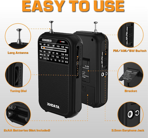 D220 Portable Radio AM FM SW Radio Battery Operated Radio, Shortwave Radio with Headphone Jack, Excellent Reception Transistor Radio, Pocket Radio...