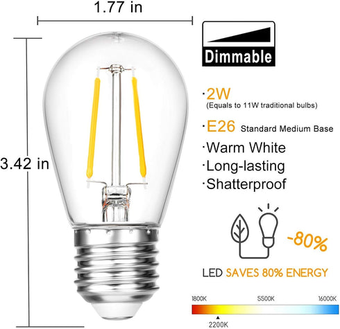 Shatterproof S14 Replacement LED Light Bulbs, 2W, Equivalent to 11-25 Watt, Warm White 2200K, Outdoor String Lights Vintage Edison Bulb, E26 Mediu...