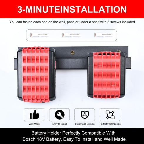 2Pack Battery Holder for Bosch 18V 14.4V Battery Wall Mount Dock Stainless Black Battery Tool Holder for Tool Organization and Storage...