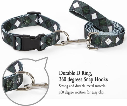 2PCS Dog Plaid Collars and Funny Leash Set Pet Gift Adjustable Dogs Green Checks Collars for Small to Large Pets (Medium)...