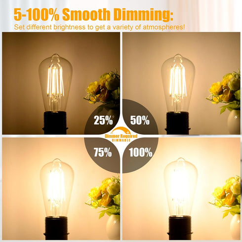 Brightever Vintage LED Edison Bulbs Dimmable 60W Equivalent, 7W 900Lm 2700K Warm White, ST58 Antique Filament Edison Bulbs, E26 Medium Socket, CRI...