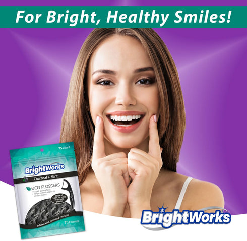 Brightworks ECO Sustainable Floss Picks - 225 Count - Made in USA Charcoal + Mint Infused 100% Post-Consumer Recycled Plastic with Micro-Crystals ...