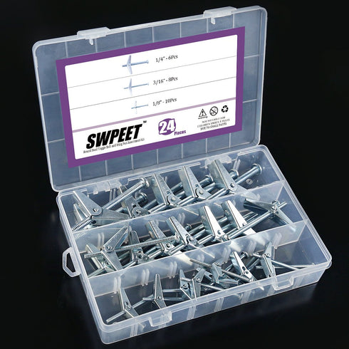 Swpeet Assorted 24 Pcs Toggle Bolt and Wing Nut Kit for Hanging Heavy Items on Drywall - 1/8 Inch, 3/16Inch, 1/4Inch...