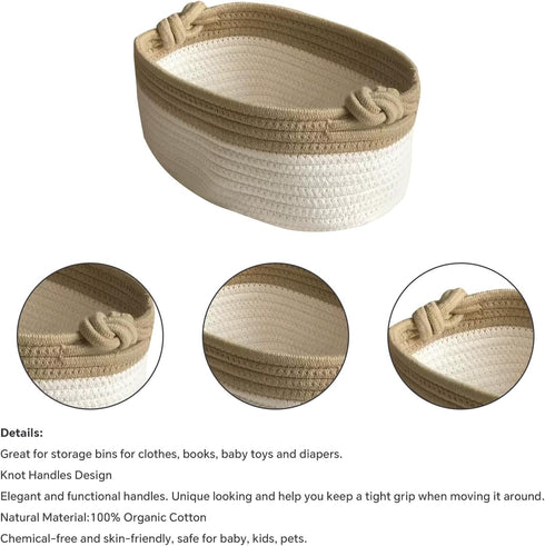 Small Woven Rope Storage Basket, Baby Basket for Towels, Dog Toy Basket with Handle, Cute Cotton Basket for Boho Decorative Basket for Nursery, Ki...