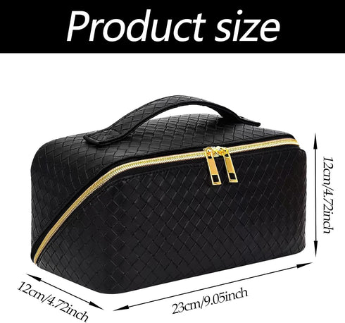 Travel Cosmetic Bag Large Capacity Make Up Bag PU Leather Waterproof Portable with Handle and Divider Multifunctional Bag (Black-braid)...