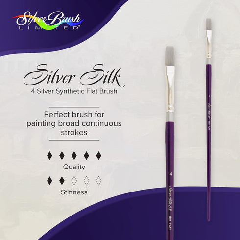 Silver Brush Limited 8801-4 Silver Silk 88 Silver Synthetic Flat Brush for Oil Paintings, Size 4, Long Handle...