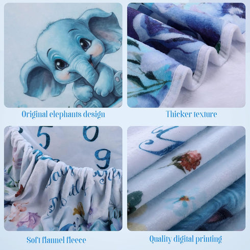 Elephant Baby Monthly Milestone Blanket, 60 x 40 Inch Soft Flannel Baby Blanket with Baby Bib Marker Frames for Newborn Baby Boy Monthly Photo Bac...