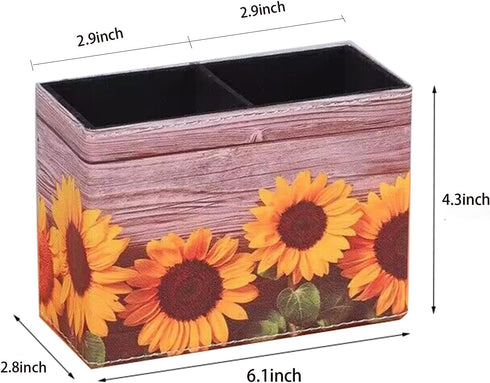 Sunflower Pen Holder Pencil Holder for Desk,2 Compartments PU Leather Desktop Pen Cup Storage Makeup Brush Holder for Office, School, Home, and Wo...