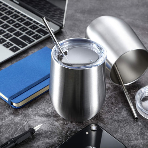 Stainless Steel Wine Glasses, Double Wall Insulated Tumbler with Lid for Wine, Coffee, Drinks, Champagne, Cocktails (Stainless Steel)...