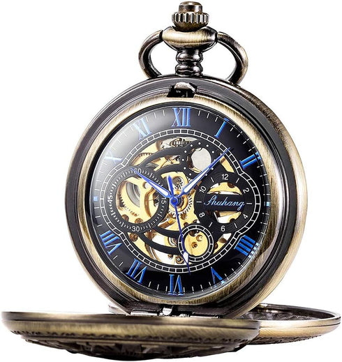 SIBOSUN Pocket Watch Skeleton Mechanical Double Case Hand-Wind Roman Numerals Antique Chain Mens...