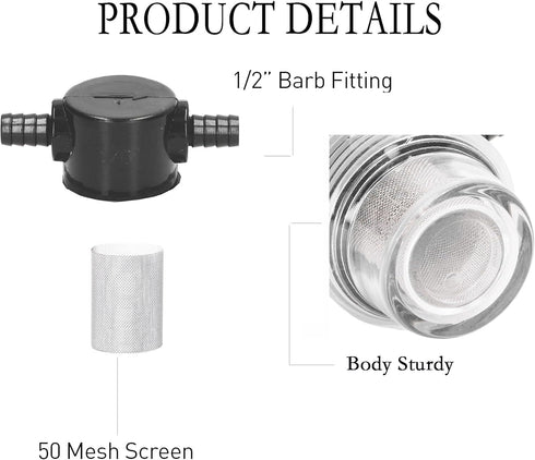 3/8 Inch Water Pump Strainer Hose Barb In-Line Strainer Twist-On Sprayer Filter 50 Mesh Stainless Steel Filter Screen for Water Pump 12V DC 80 PSI...