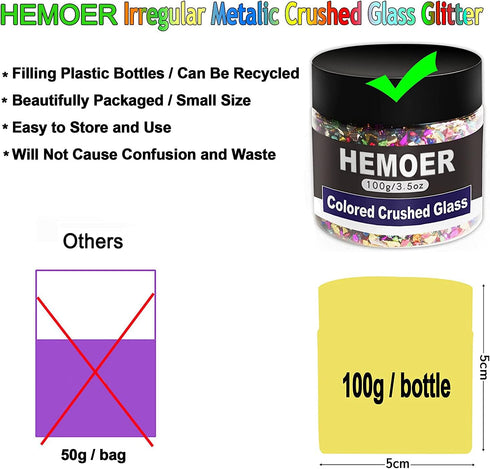 100g Colored Crushed Glass Craft Glitter, 2-4mm Irregular Metallic Gravel Gems for Nail Arts, Resin Craft, Phone Case, DIY Vase Fillers, Epoxy Jew...
