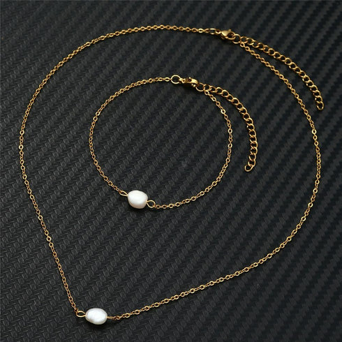 Stainless Steel Pearl Jewelry Set for Women Faux Pearl Choker Necklace Dainty Small Pearl Bracelet Set Gold Plated for Bridal Wedding...