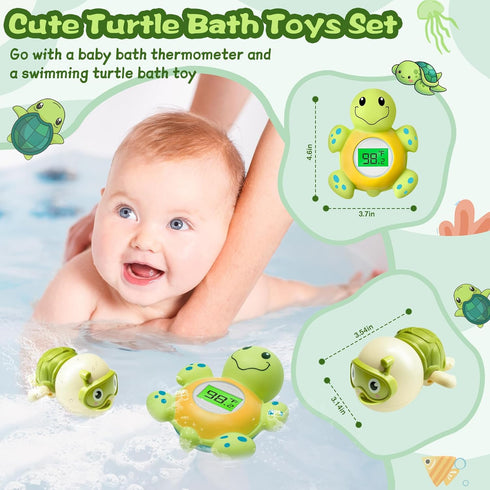Baby Bath Thermometer & Swimming Turtle Floating Bath Toys, BPA-Free Bath Thermometer Baby Safety, Backlit Display Bathtub Thermometer Baby Water ...