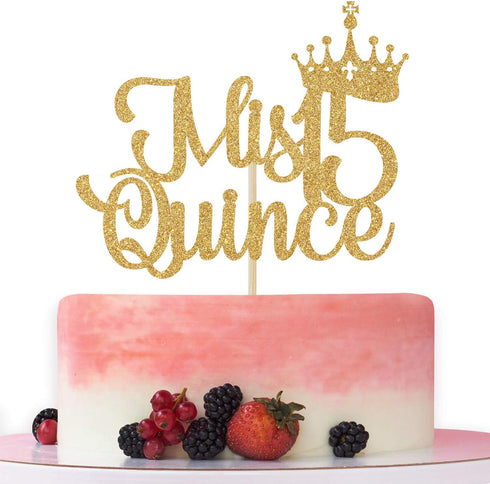 Mis Quince 15 Cake Topper, Hello 15, Cheers to 15 Years, 15th Birthday/Anniversary Party Decorations Gold Glitter....