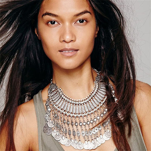 LUREME Boho Coin Statement Necklace for Women, Collar Choker Long Tassel Ethnic Gypsy Chunky Necklace (nl006294)...