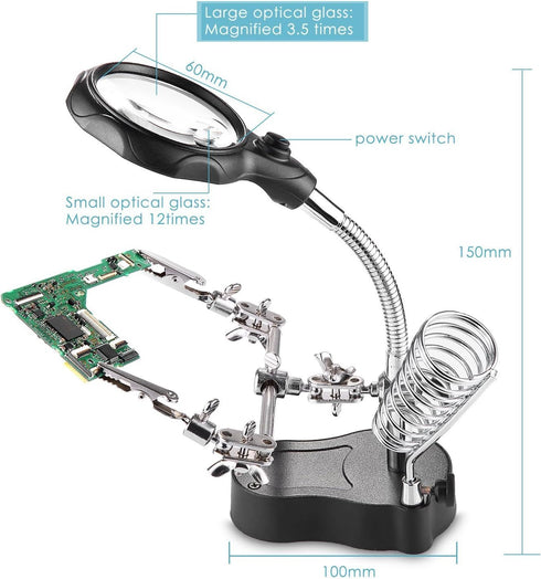 LED Light Stand Loupe, Lighted Helping Third Hands Clamp Clip Magnifying Soldering Stand Watch Jewelry Repair Loupe Magnifier (3.5X12)...