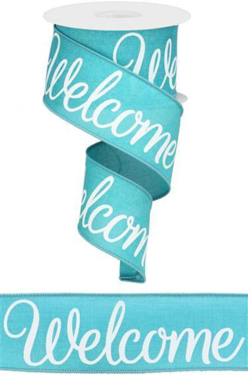 Welcome Canvas Wired Ribbon, White Script on Turquoise Teal Ribbon, 2.5 Inches x 10 Yards...