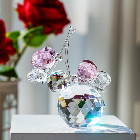 H&D HYALINE & DORA Pink Crystal Cut Double Butterfly Collectible Gift, Handmade Art Glass Animal Figurine, Gift Boxed...