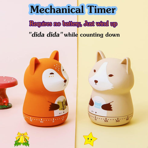 Mechanical Kitchen Timer, Cute Animal Timer for Kids, Wind Up 60 Minutes Manual Countdown Timer for Classroom, Home, Study and Cooking (Beige wolf...