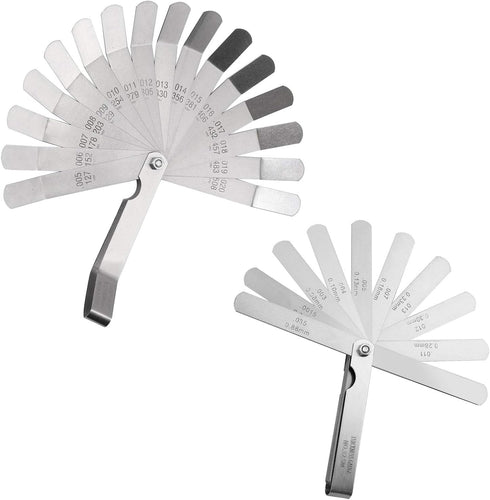 CAMWAY 2Pcs Feeler Gauge Set Stainless Steel Metric/Inch 32 Straight Blade Steel Feeler Gauge,16pcs Feeler Gauge and 45º Blades Offset for Measuri...
