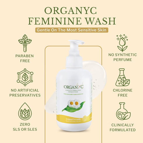 Organyc Feminine Intimate Wash for Sensitive Skin with Chamomile, Free from Chlorine, Parabens, SLS/SLES, and Synthetic Perfumes 8.5 Fluid Ounce...