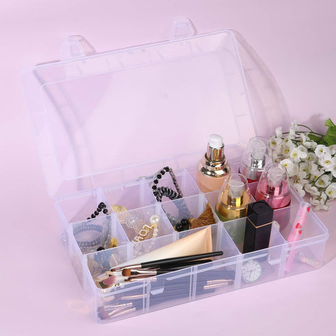 2 Pack 15 Grids Clear Plastic Organizer Box with Adjustable Dividers, Craft Storage Containers for Jewelry, Beads, Screws, Tackle Box, Washi Tapes...
