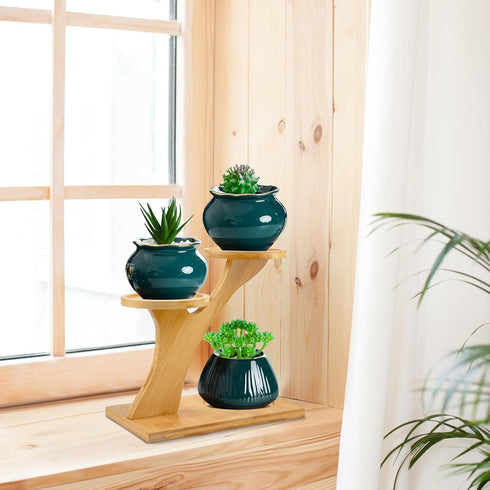 XXXFLOWER Bamboo Plant Stand ,3 Tiers Indoor Succulent Windowsill Shelf - Small Tabletop Plant Holder for Home, Office, Living Room, Bedroom Decor...
