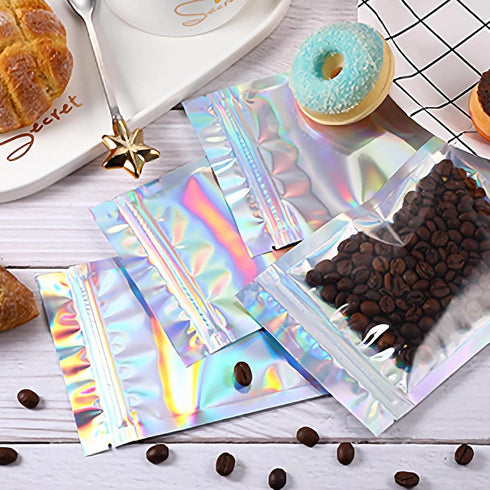 Blulu 100 Pieces Resealable Foil Proof Bags Scent Proof Flat Pouch Clear Smell Sealable Packing Bags Iridescent for Food Storage Snack Jewelry(2 x...