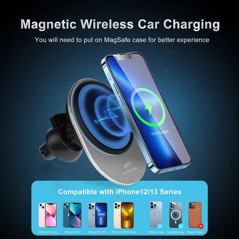 Magnetic Wireless Car Charger, 15W Fast Charging for MagSafe Car Charger Mount, Compatible with iPhone 14/13/12 Series and MagSafe/Magnetic Cases,...