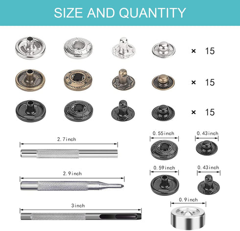 45 Set Leather Snap Fasteners Kit, 15mm Stainless Steel Leather Snaps Kit with 4 Install Tools, 3 Color Snaps for Clothes, Jacket, Down Jeans Wear...