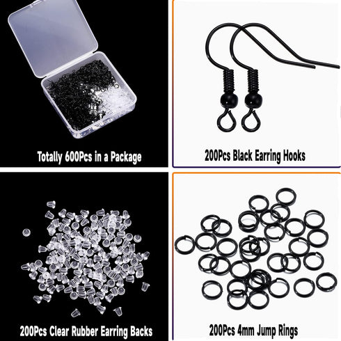 600Pcs Hypoallergenic Earring Hooks, Black Earring Making Kit, Earring Making Supplies with Earring Backs and Jump Rings for Jewelry Making (Black...
