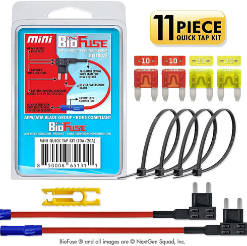 12 AWG Mini APM ATM Quick TAP KIT: 2 Add-A-Circuit Car Fuse Tap Adapters, 2 Each (10A 20A) Blade Fuses, 4 Zip Ties + Fuse Puller...