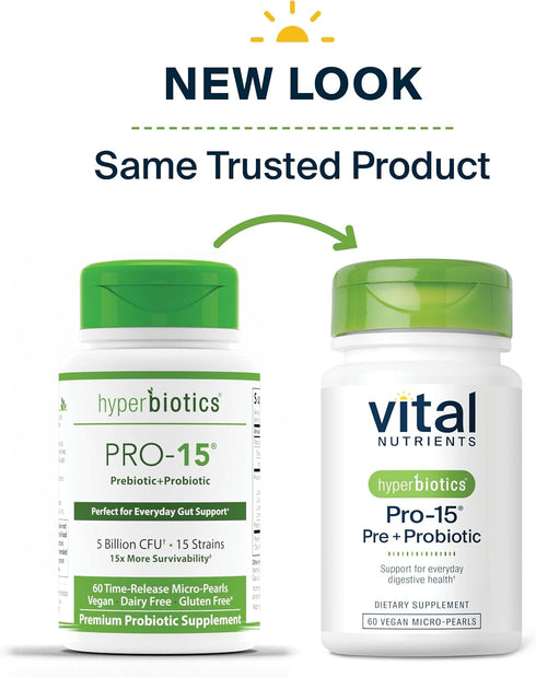 Hyperbiotics Vital Nutrients Pro-15 Prebiotics and Probiotics for Women and Men | 15 Science Backed Strains | Supports Occasional Constipation, Di...