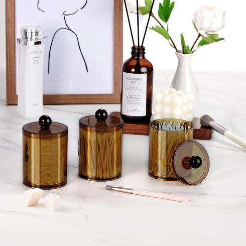 SheeChung 4 Pack Plastic Acrylic Bathroom Vanity Countertop Canister Jars with Storage Lid, Apothecary Jars Qtip Holder Makeup Organizer for Cotto...