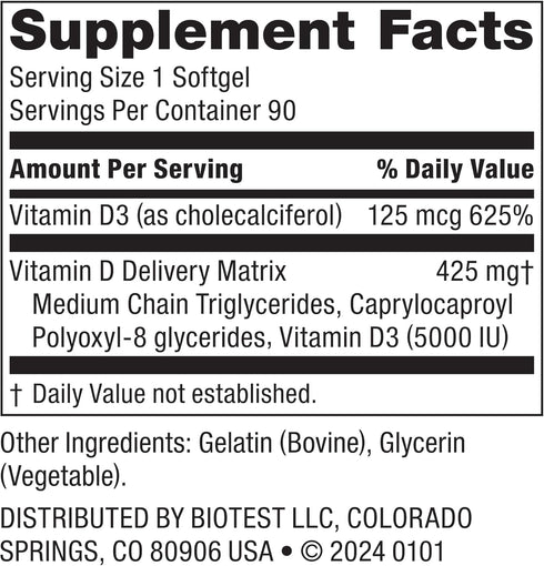 Biotest D Fix High Absorption Vitamin D3 5000 IU - 90 Day Supply - 90 Softgels...