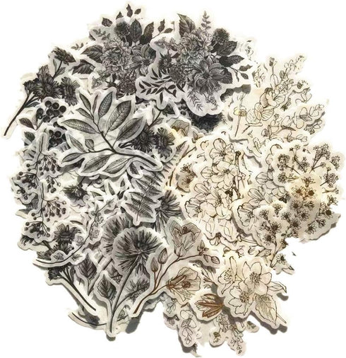 Vintage Zen Botany Flower Washi Sticker Pack, Artsy Natural Black-and-White Plants with Golden Sketch Decals Collection, Wild Plants Gray and Gold...
