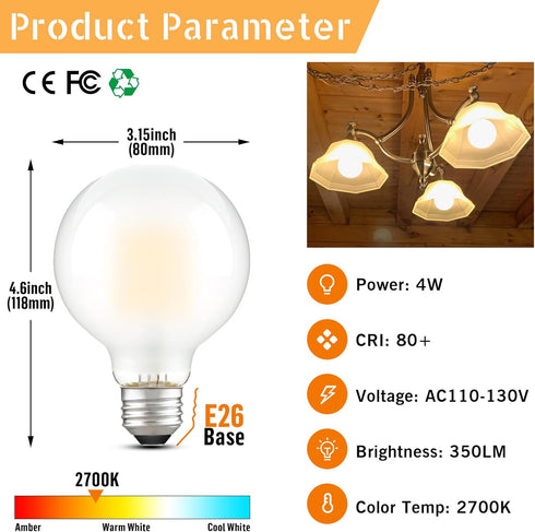 Vanity Light Bulbs for Bathroom?Dimmable G25/G80 Globe Light Bulbs E26 4W(40W Equivalent)?AC120V Warm White 2700K 350LM,Round Light Bulbs for Make...