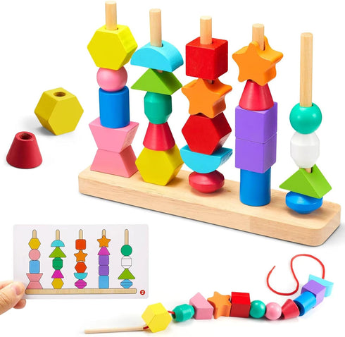 Montessori Preschool Educational Wooden toys for Toddler 3 4 5 Years Old Lacing Beads & Stacking Blocks & Shape Sorting Gifts for Kids Boy Girl El...