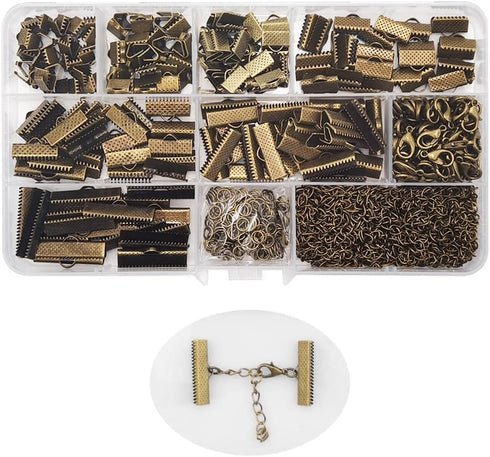 Inspirelle 100 Sets Assorted Size Bronze Ends for Ribbon Bracelet Bookmark Making Crimps Kit with Lobster Clasps and Chain Extenders...