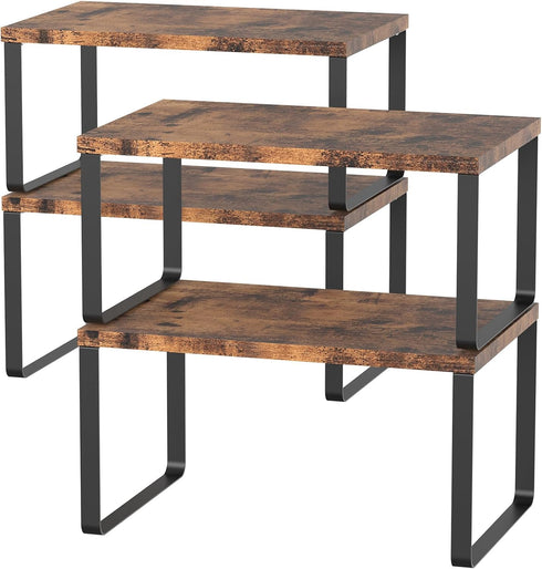 Set of 4 Counter Shelves Kitchen Stackable Cabinet Shelf Wood Organizer Expandable Counter Top Racks Brown Bathroom Counter organizer...