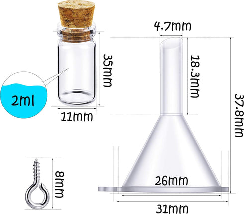 Yungyan 50 Pieces Small Mini Glass Bottles Jars with Cork Stoppers Set, Tiny Cork Glass Bottles with Eye Screws and Small Funnel for Decoration, A...