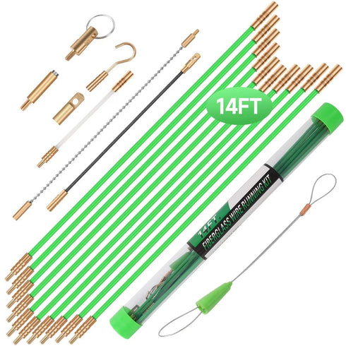14FT Fiberglass Running Electrical Wire Cable Glow Rods Wire Pulling, Fish Rods Electrical Kit with 8 Different Attachments and Fish Tape Wire Pul...