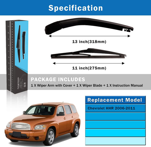 WTI Rear Wiper Arm Blade Set Compatible With Chevrolet HHR 2006-2011 Rear Windshield Window Wiper Kits Assembly New Replacement Accessories Parts...