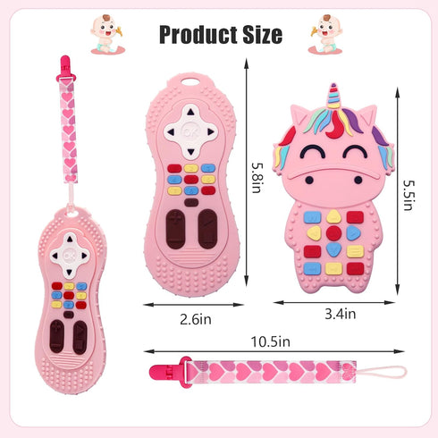 Baby Teething Toys, Food Grade Silicone Teether for Babies 3 6 12 18 Months, 3-Pack TV Remote Shape Toddlers Chew Toys (Pink)...