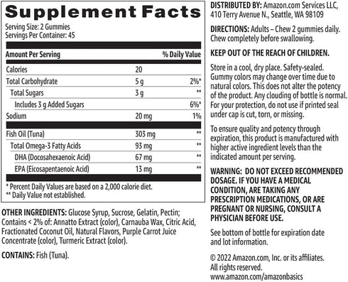 Amazon Basics Fish Oil 303 mg, Lemon, Orange & Strawberry-Banana flavors, 90 Gummies (2 per Serving), EPA and DHA Omega-3 fatty acids (Previously ...
